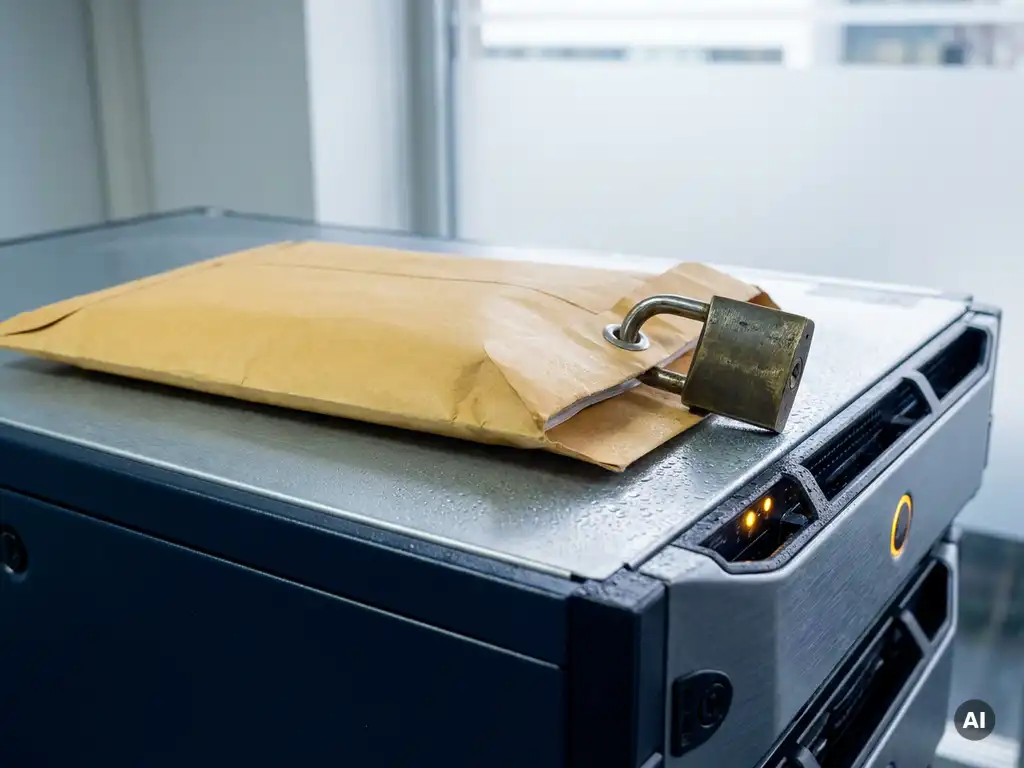 Sealed envelope secured with a brass padlock on a modern server rack, symbolizing encrypted email security in cloud infrastructure.