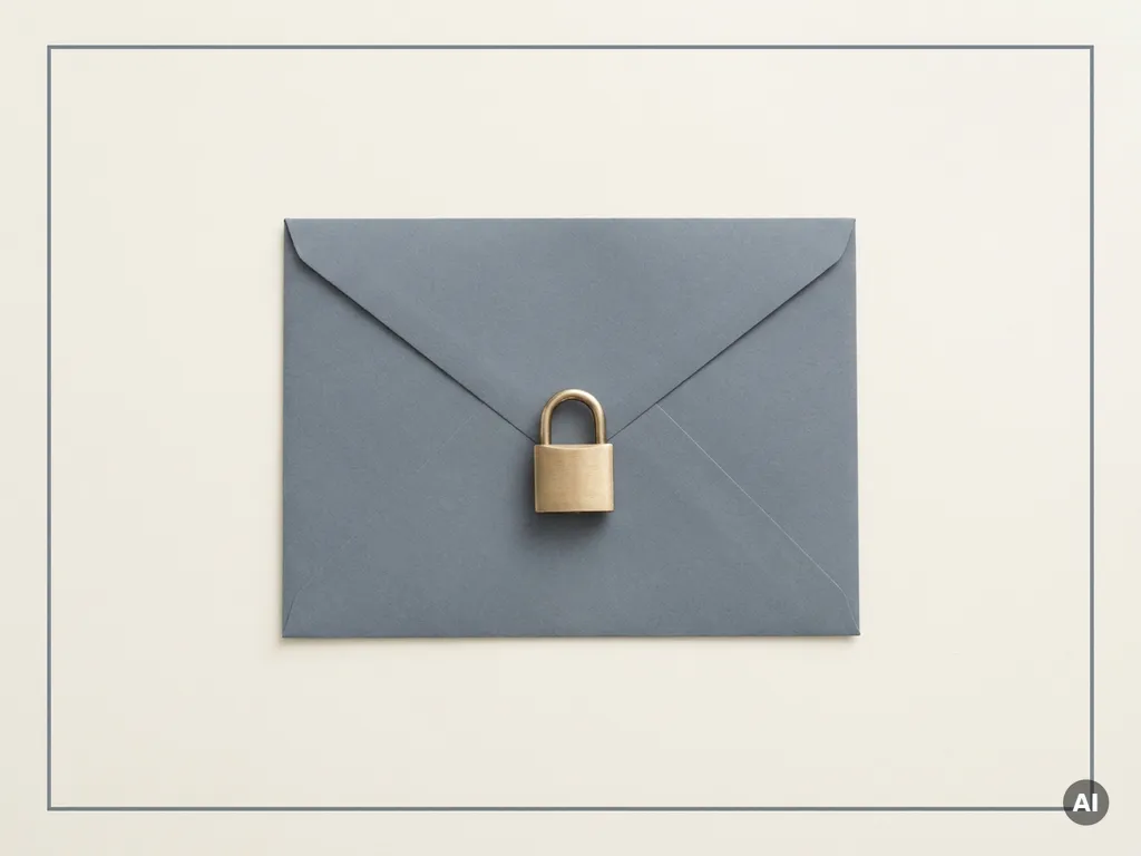 Sealed white envelope secured with a small brass padlock on a matte white desk, shot in cool grey and warm gold tones.