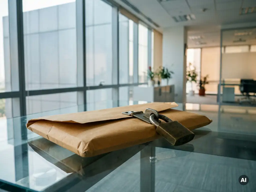 Sealed envelope secured with a brass padlock on a glass desk in a Stuttgart office, soft natural light, evoking digital security.