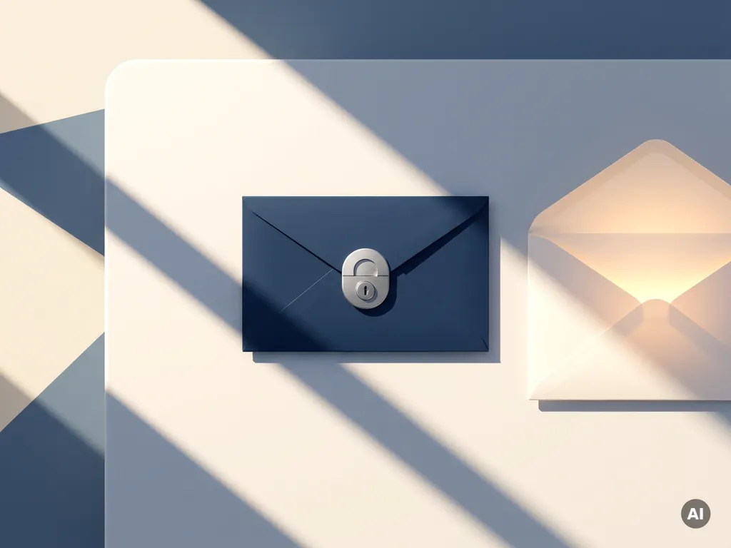 Sealed envelope with a lock beside an open glowing envelope on a white desk, symbolizing email encryption and accessibility.