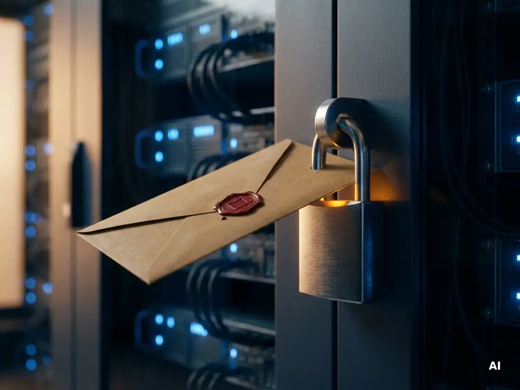 Sealed envelope passing through an amber padlock on a brushed-metal gateway panel, symbolizing secure email encryption in a server room.