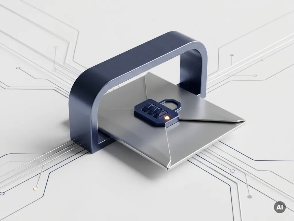 Metallic envelope secured with a geometric lock passing through a minimal gateway arch, navy blue and silver tones with amber accent suggesting secure universal email delivery.