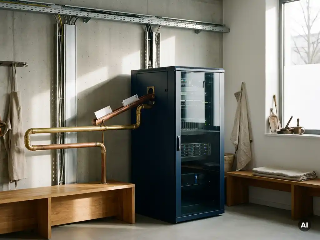 Vintage brass mail sorting machine integrated with a modern server rack via copper tubes and cable conduits in a minimalist German engineering workspace.