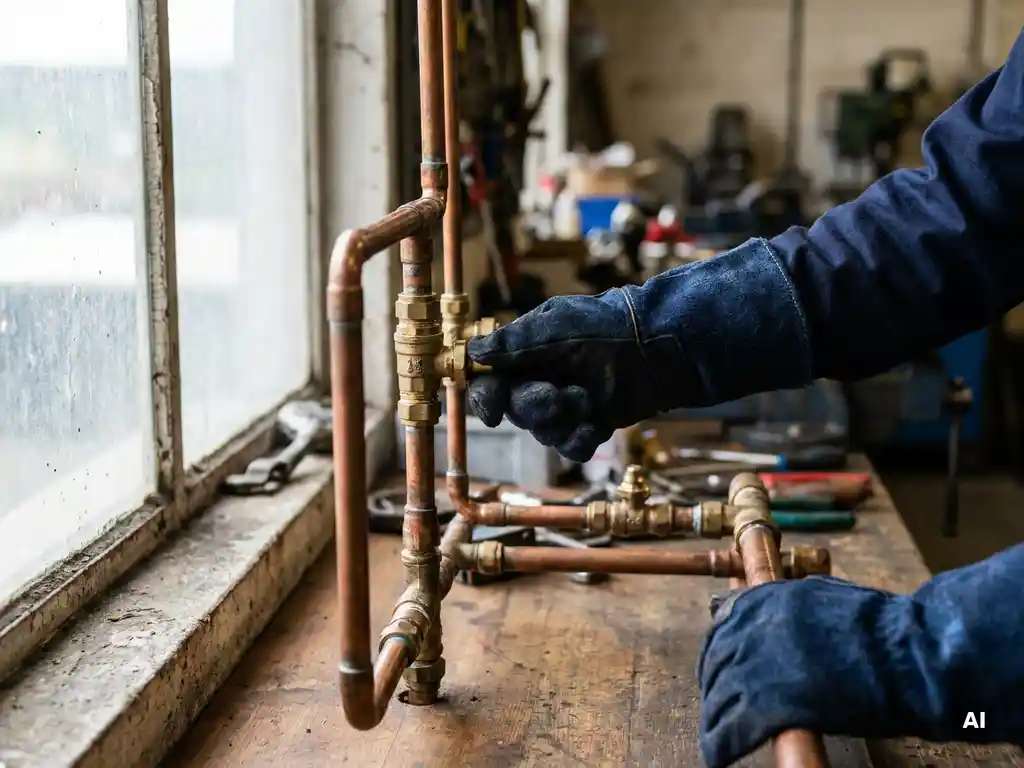 Gloved technician adjusting a central valve on a copper pipe network atop an industrial workbench, warm light highlighting metallic surfaces.