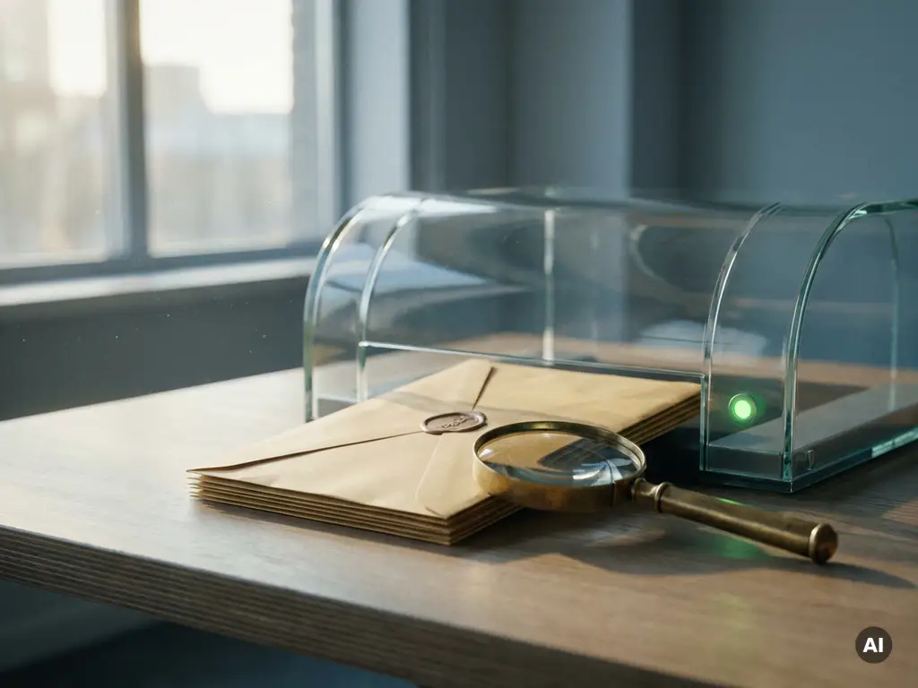 Sealed envelope passing through a glass security checkpoint on a modern desk, with a magnifying glass and glowing green indicator light nearby.