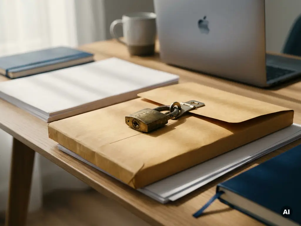 Sealed white envelope secured with a brass padlock on a modern desk, with a blurred laptop in the background.