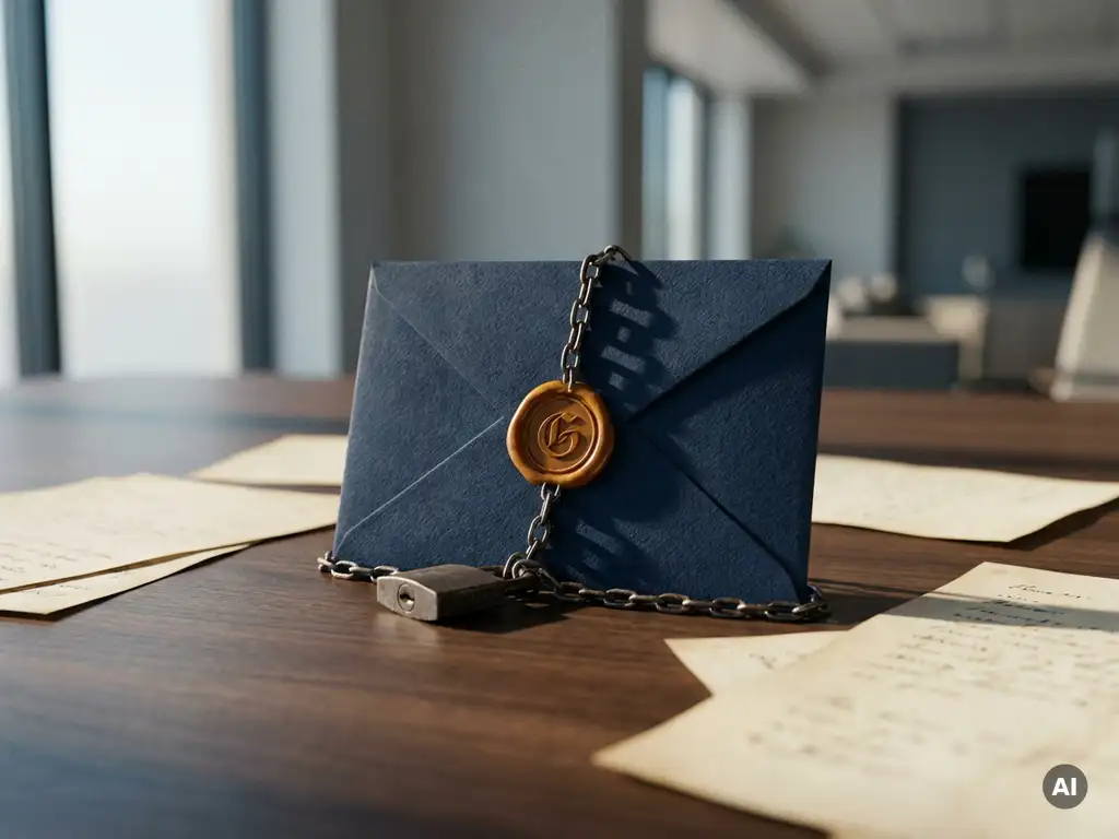 Wax-sealed envelope secured with a metal lock and chain on a modern desk, surrounded by scattered documents in navy and amber tones.