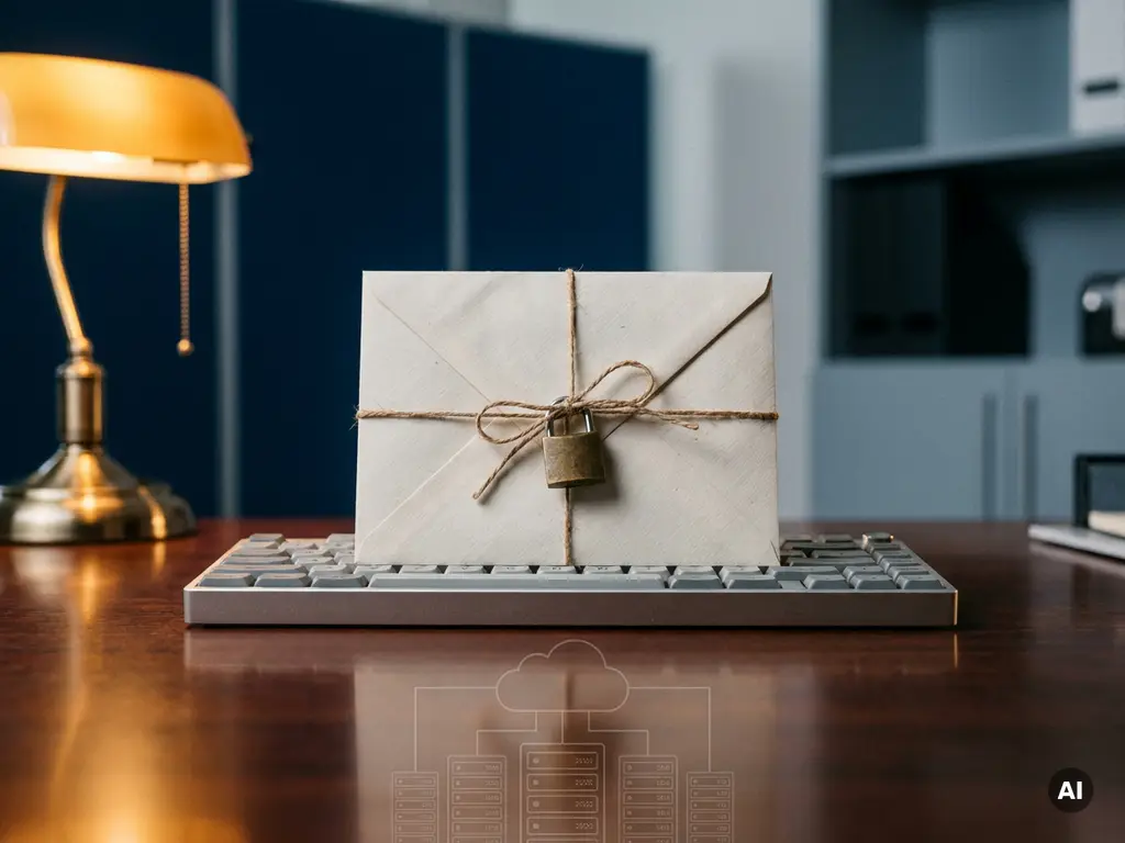Sealed envelope secured with a brass padlock on a modern keyboard, symbolizing encrypted email security in a premium workspace.