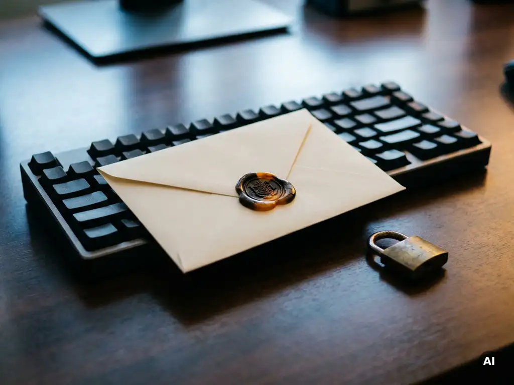 Wax-sealed envelope on a modern keyboard beside a brass padlock, symbolizing email privacy and digital security.