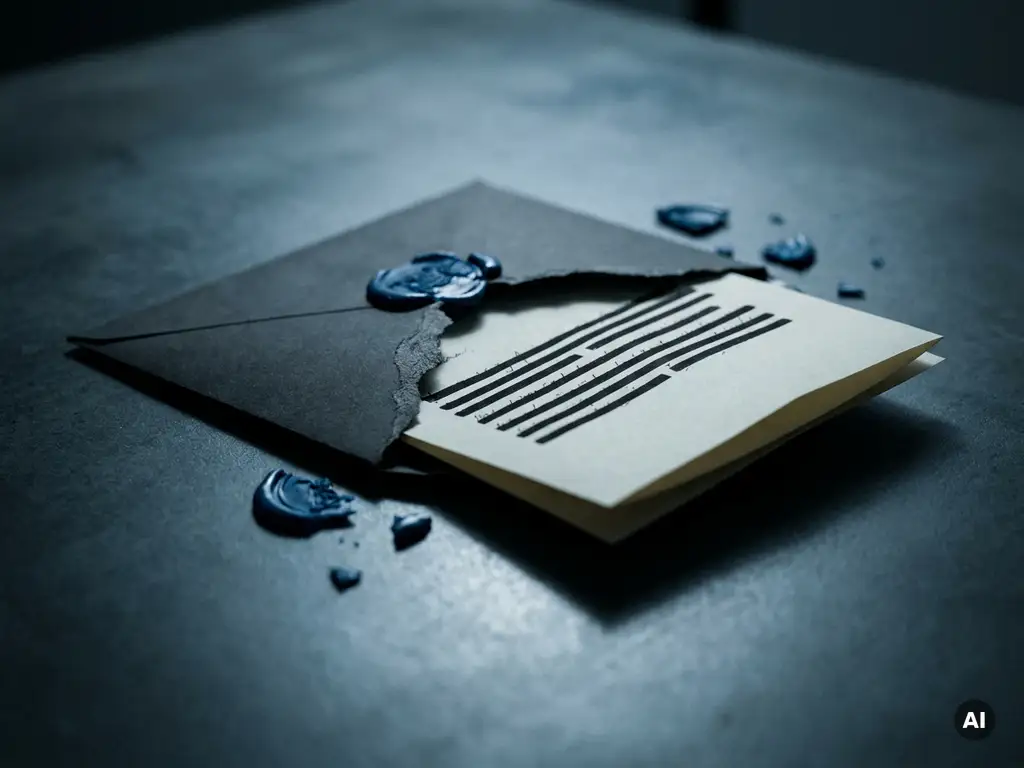 Torn envelope on a dark polished desk revealing a redacted document, broken wax seal fragments scattered nearby in cold steel-blue light.