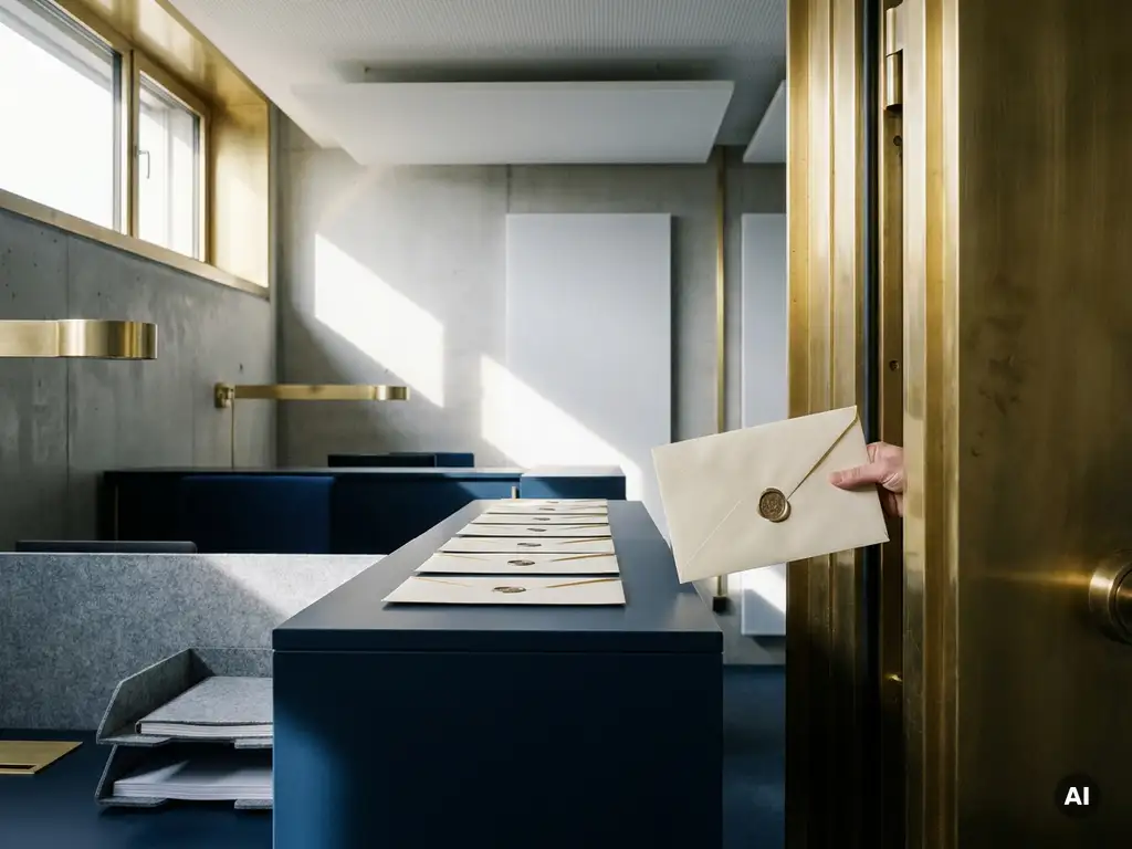 Sealed envelope entering a brass security vault door with additional envelopes queued behind it in a modern office.